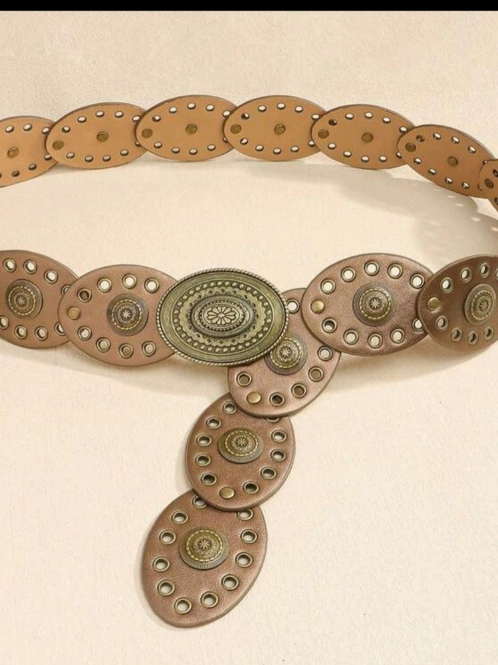 Brown Leather Circle-Stud Waist Belt with Antique Gold Medallion